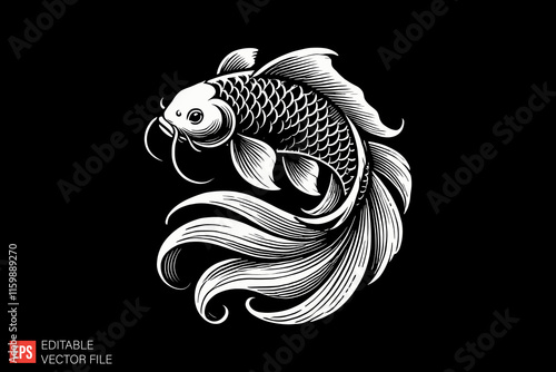 Elegant Black and White Illustration of a Graceful Koi Fish