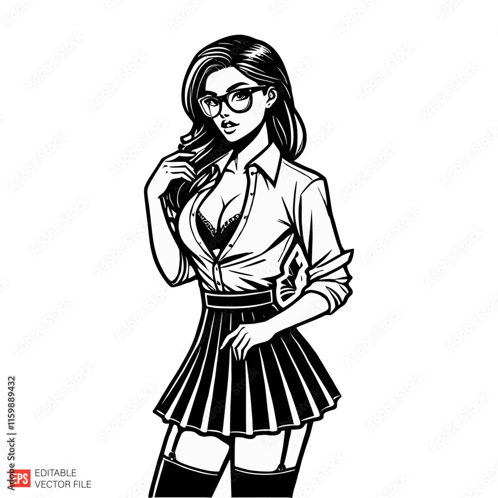 Stylized Illustration of a Fashionable Woman with Glasses and Elegant Attire Stylized Illustration of a Fashionable Woman with Glasses and Elegant Attire