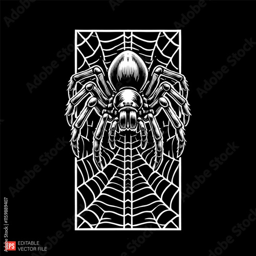 Detailed Illustration of Black and White Tarantula Spider on Dark Background
