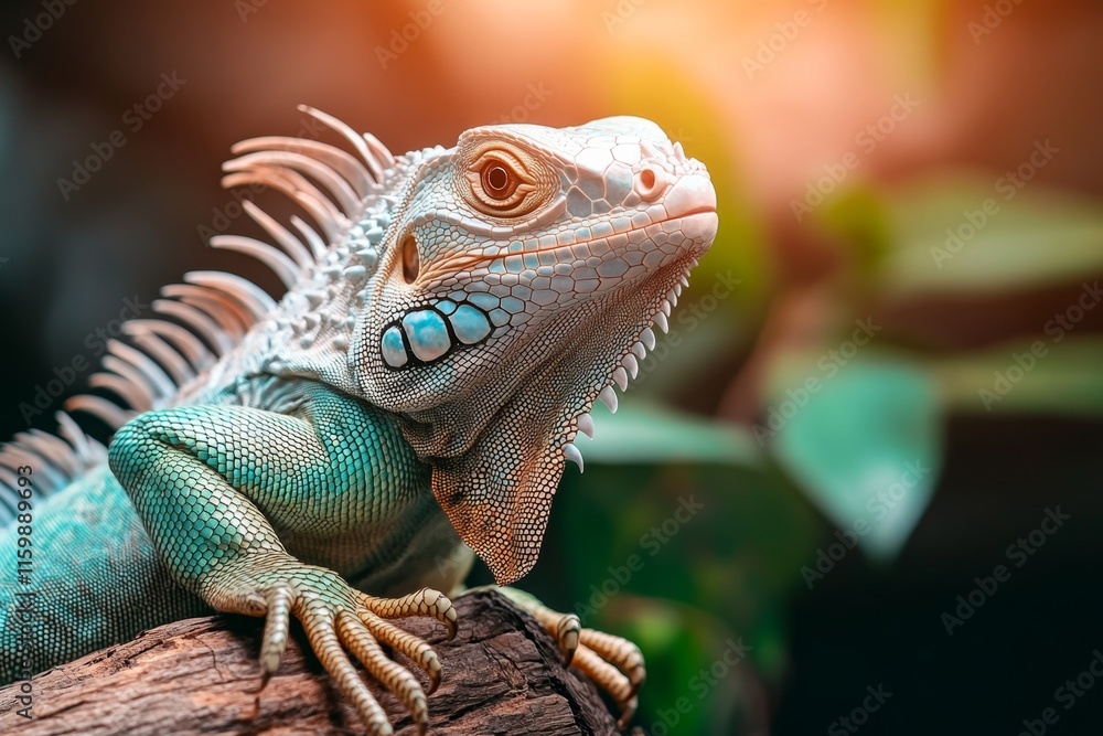 Fototapeta premium A large iguana climbing a tree branch, its tail wrapped around the bark and its head turned toward the camera