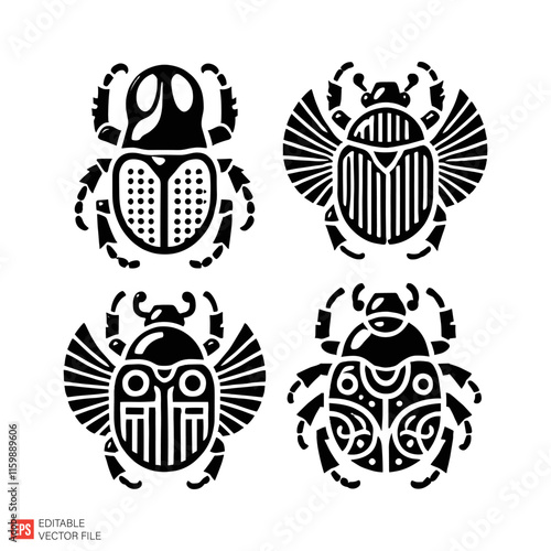 Vector Set of Stylized Scarab Insects Illustrations in Black and White