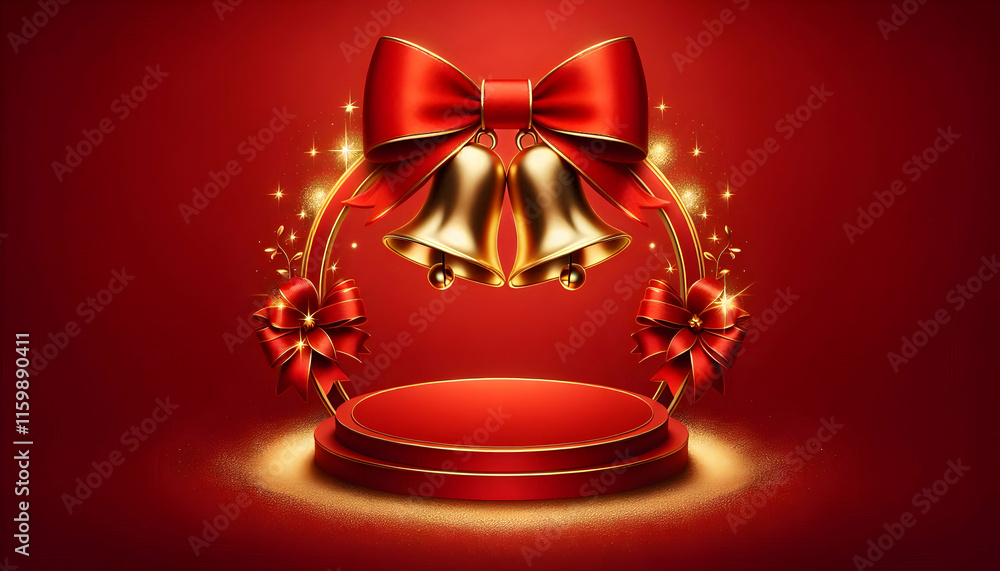 Fototapeta premium Chinese new year A classic red background with two golden bells hanging symmetrically from the top corners, tied with4