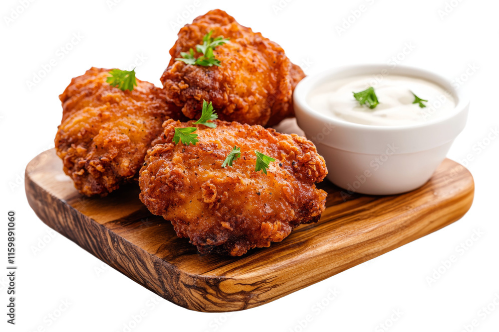 Three fried chicken pieces with parsley on top and a white bowl of dipping sauce Three fried chicken pieces with parsley on top and a white bowl of dipping sauce