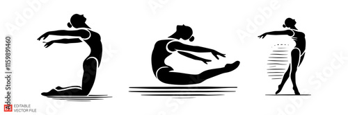 Silhouette Illustrations of Female Gymnasts in Artistic Poses and Movements