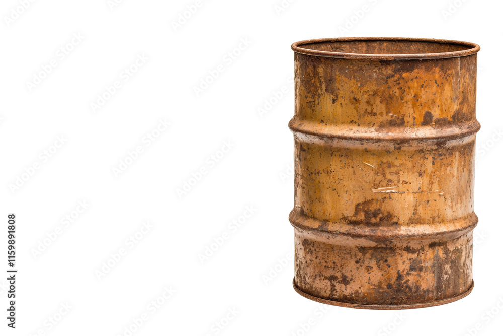 A rusty barrel sits on a white background