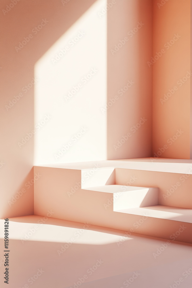 Minimalist peach-toned display with stepped platform bathed in sunlight. Ideal for product showcasing or branding photography. Minimalist peach-toned display with stepped platform bathed in sunlight. Ideal for product showcasing or branding photography.