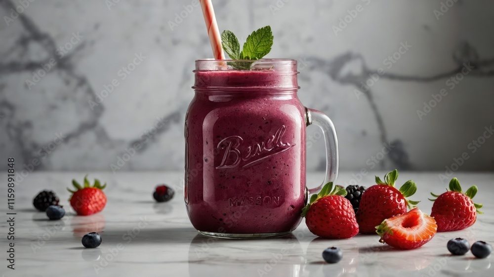 A vibrant berry smoothie in a mason jar with fresh berries scattered around. A vibrant berry smoothie in a mason jar with fresh berries scattered around.