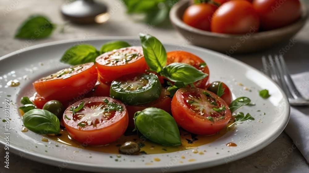 A fresh salad featuring sliced tomatoes, basil, and olives drizzled with olive oil. A fresh salad featuring sliced tomatoes, basil, and olives drizzled with olive oil.
