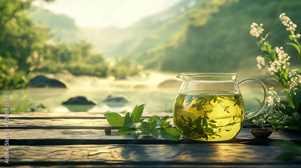 Herbal tea in a glass cup and natural scenery Herbal tea in a glass cup and natural scenery