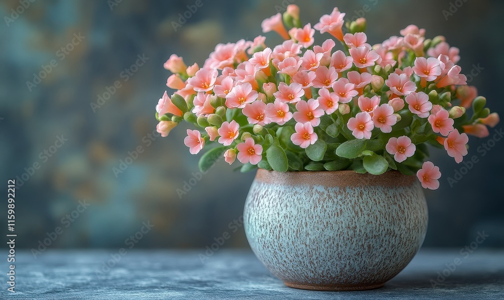 Pink flowers in a ceramic pot on a rustic table. Pink flowers in a ceramic pot on a rustic table.