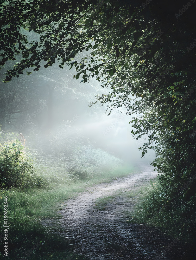 Obraz premium Misty Enchanted Forest Pathway Leading into Lush Green Wilderness : Generative AI