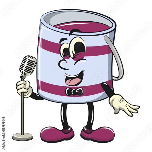 green cute isolated cartoon paint can character mascot on front of the mic become a stand up comedian, work of hand drawn