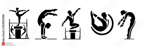 Silhouette Illustrations of Female Gymnasts in Artistic Poses and Movements