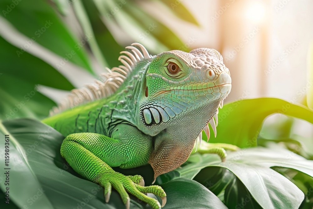 A serene iguana resting under a canopy of palm leaves, with soft sunlight filtering through the foliage A serene iguana resting under a canopy of palm leaves, with soft sunlight filtering through the foliage