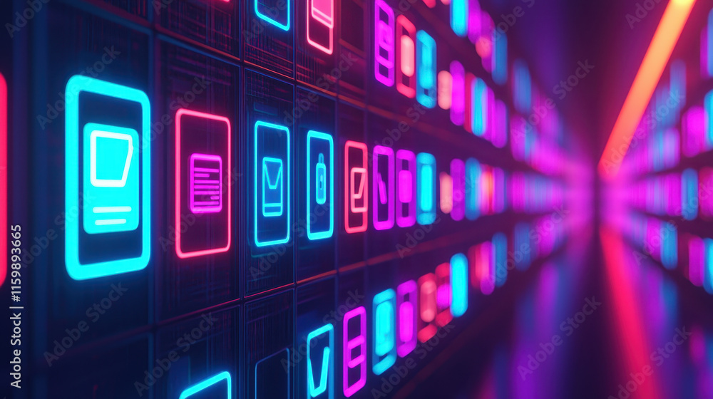 Fototapeta premium Vibrant digital icons in neon colors, representing technology and communication