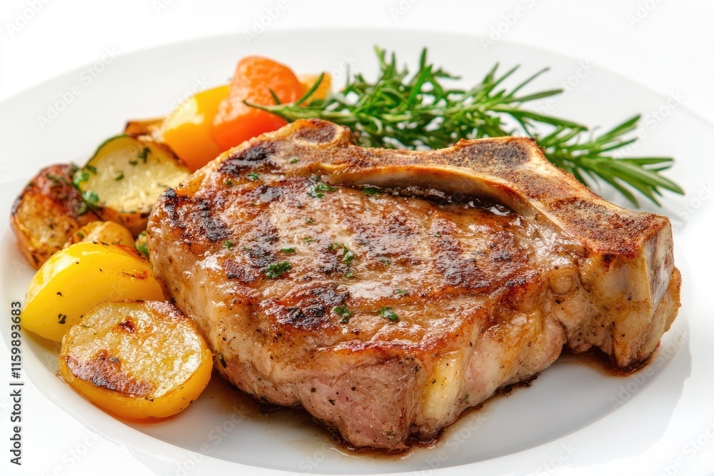 Fried pork chop with vegetables on a white background Fried pork chop with vegetables on a white background