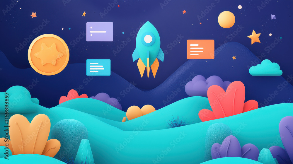 Naklejka premium Vibrant digital landscape with rocket, stars, and colorful plants