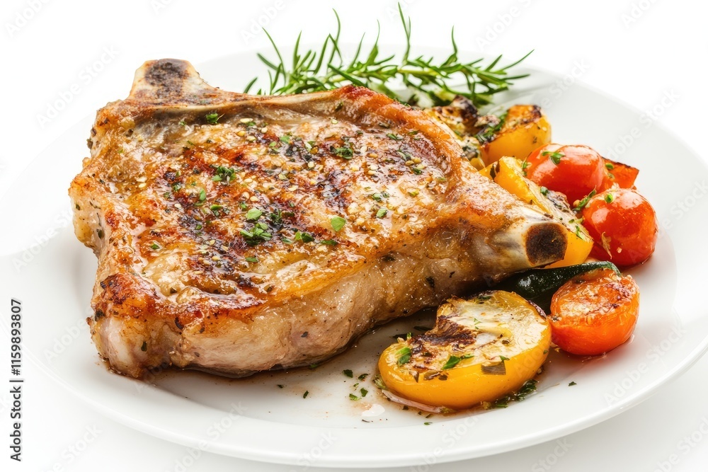 Fried pork chop with vegetables on a white background Fried pork chop with vegetables on a white background