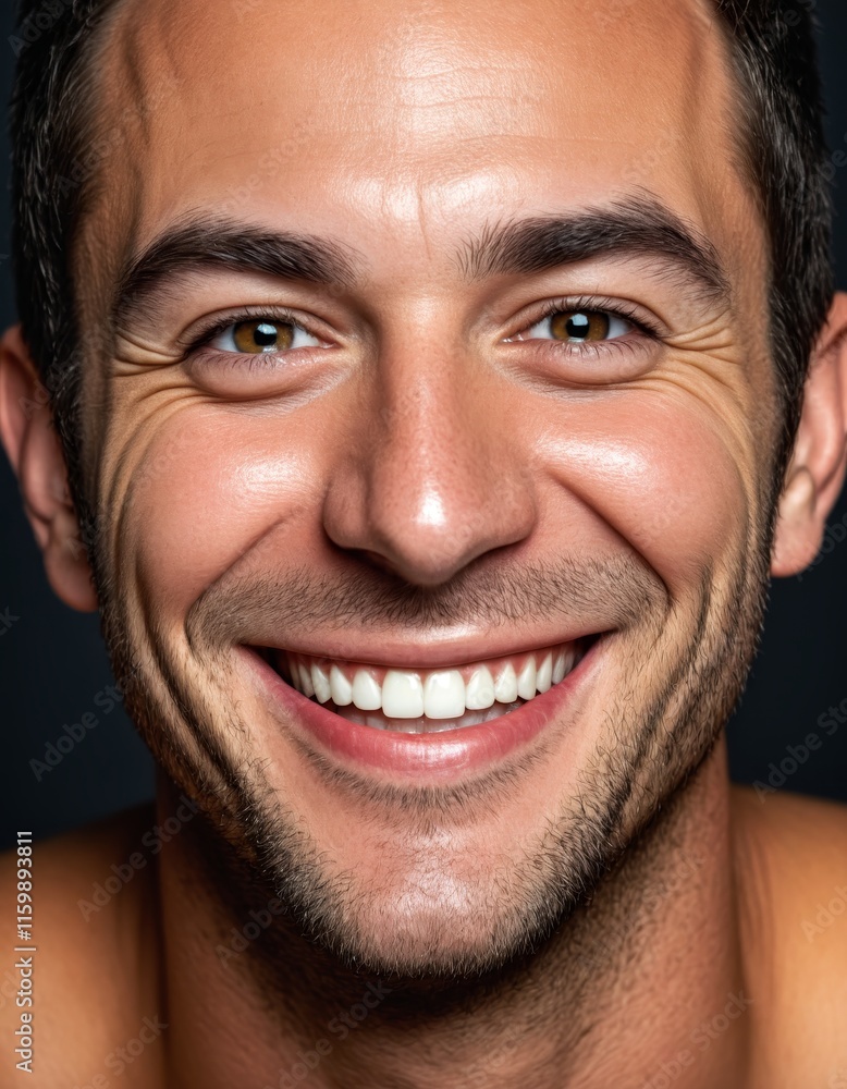 Close-up portrait of a smiling man with bright eyes and dark hair against a black background Close-up portrait of a smiling man with bright eyes and dark hair against a black background