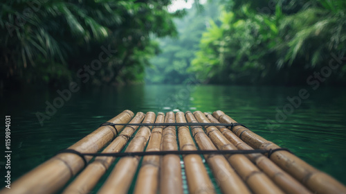 serene bamboo raft floating on tranquil river surrounded by lush greenery photo