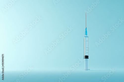 A single, sterile syringe stands upright against a light blue background.  Clean and minimalist medical image.
