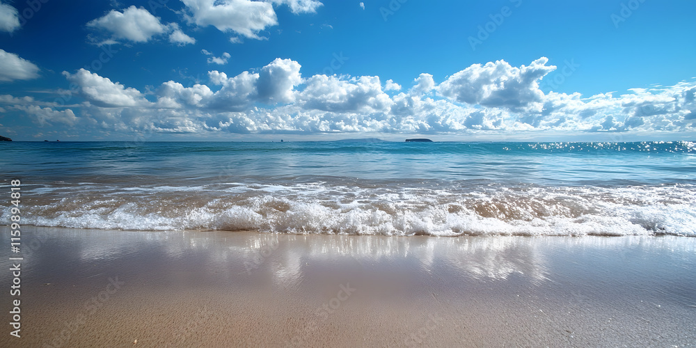 Fototapeta premium Peaceful Sandy Beach with Blue Skies and Calm Ocean Waves : Generative AI