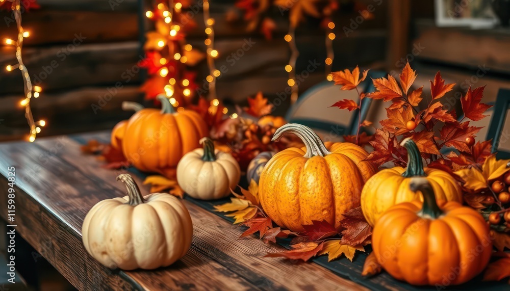 Autumn harvest table setting with pumpkins, leaves, and fairy lights. Autumn harvest table setting with pumpkins, leaves, and fairy lights.