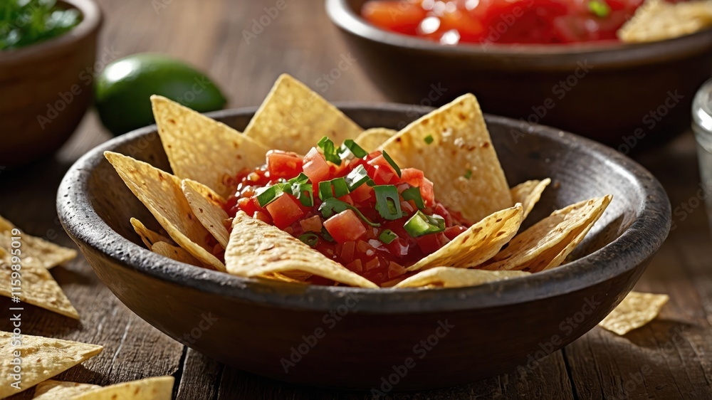 A bowl of tortilla chips served with salsa and garnished with green onions. A bowl of tortilla chips served with salsa and garnished with green onions.