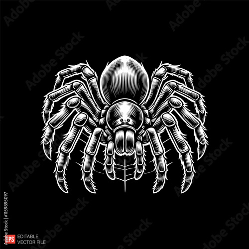 Detailed Illustration of Black and White Tarantula Spider on Dark Background