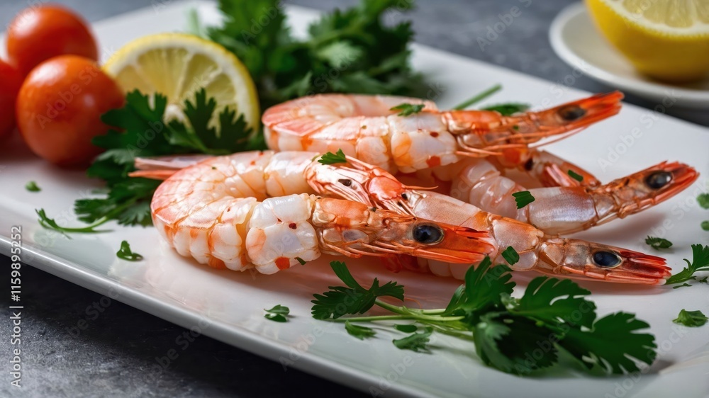A plate of shrimp garnished with herbs, lemon, and cherry tomatoes, ready to be served. A plate of shrimp garnished with herbs, lemon, and cherry tomatoes, ready to be served.