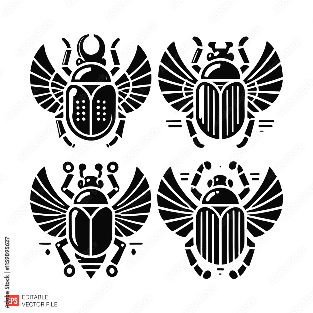 Obraz premium Vector Set of Stylized Scarab Insects Illustrations in Black and White