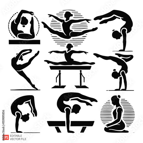 Silhouette Illustrations of Female Gymnasts in Artistic Poses and Movements
