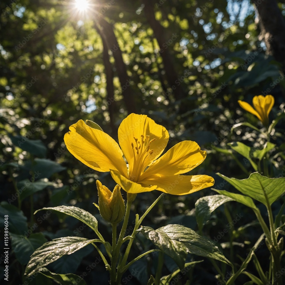 Fototapeta premium A brilliant yellow jungle flower blooming under dappled sunlight.