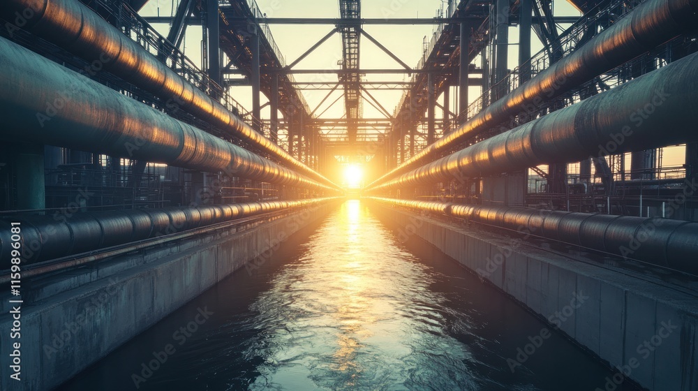 Industrial pipes crossing over a river via a large steel bridge, sunlight reflecting off the water Industrial pipes crossing over a river via a large steel bridge, sunlight reflecting off the water