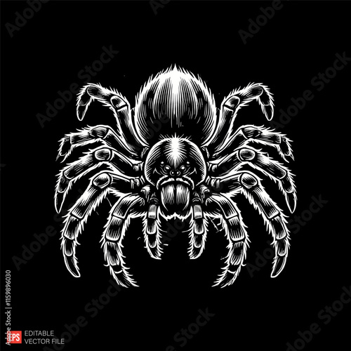Detailed Illustration of Black and White Tarantula Spider on Dark Background
