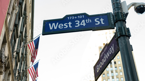 West 34th Street Sign and Broadway in New York City with American Flags