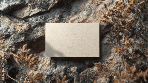 Blank card mockup on rustic stone background with dried flowers. Perfect for branding and design projects.