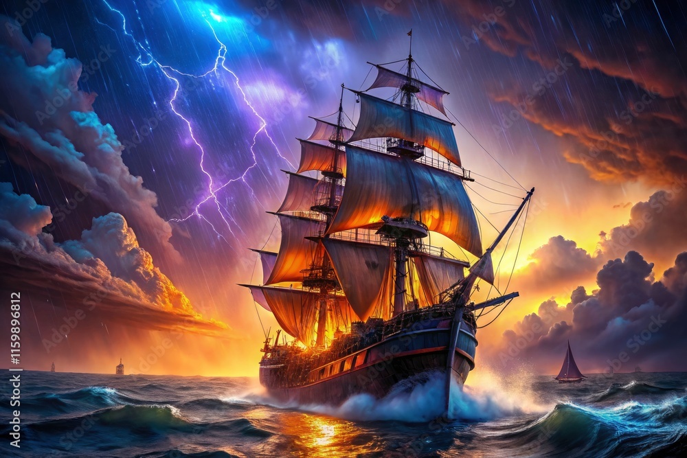 Fototapeta premium Cyberpunk sailor fights storm, digital pirate ship adrift, rainy night's neon glow.