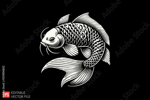 Elegant Black and White Illustration of a Graceful Koi Fish