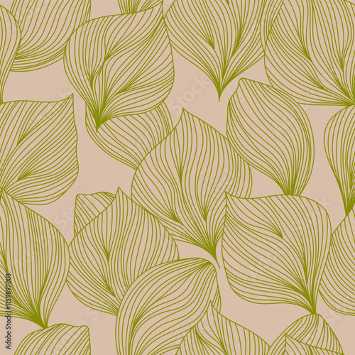 Abstract seamless pattern featuring delicate, green leaves in a minimalist li...