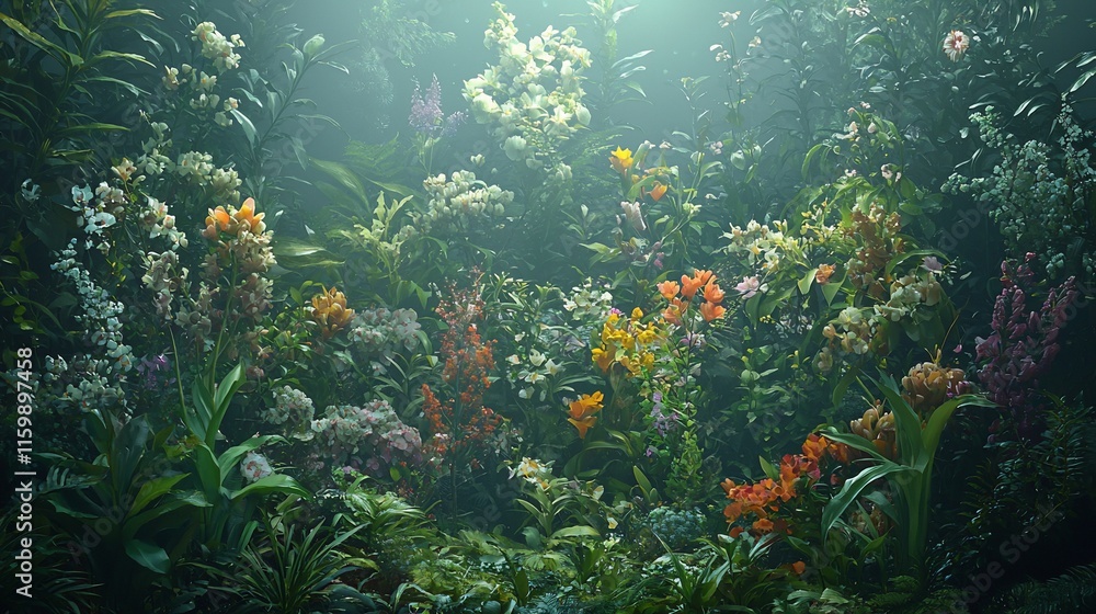 Naklejka premium Lush, vibrant flowers and foliage bathed in soft, ethereal light.