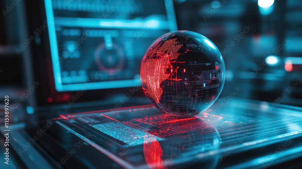 Close-up of a scanner analyzing a ball's surface, glowing screens and precision tools Close-up of a scanner analyzing a ball's surface, glowing screens and precision tools