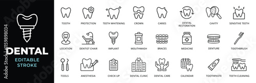 Dental icon set. Dentistry, tooth, toothbrush, implant, braces, teeth whitening, oral care icons. Dentist clinic outline icons collection. Editable stroke
