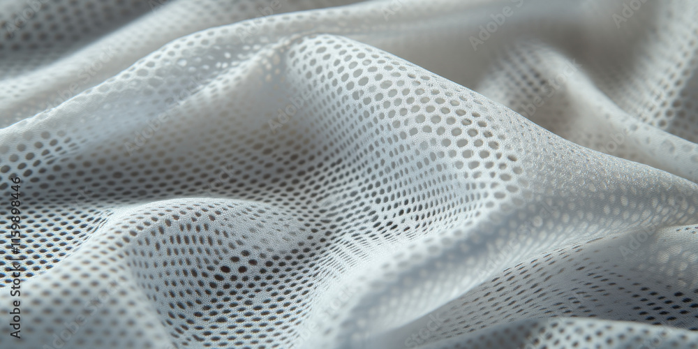 Close-up of textured, perforated white fabric. Soft, flowing folds create a subtle pattern. Close-up of textured, perforated white fabric. Soft, flowing folds create a subtle pattern.