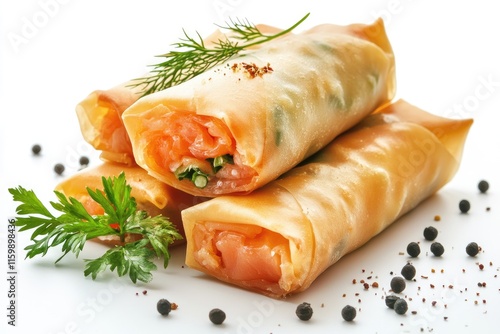 spring rolls with salmon gravlax and funchoza white background for restaurant menu online delivery 3 photo