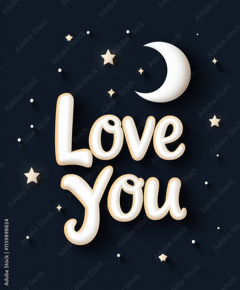 3D-styled 'Love You' text with crescent moon and scattered stars on a dark background 3D-styled 'Love You' text with crescent moon and scattered stars on a dark background