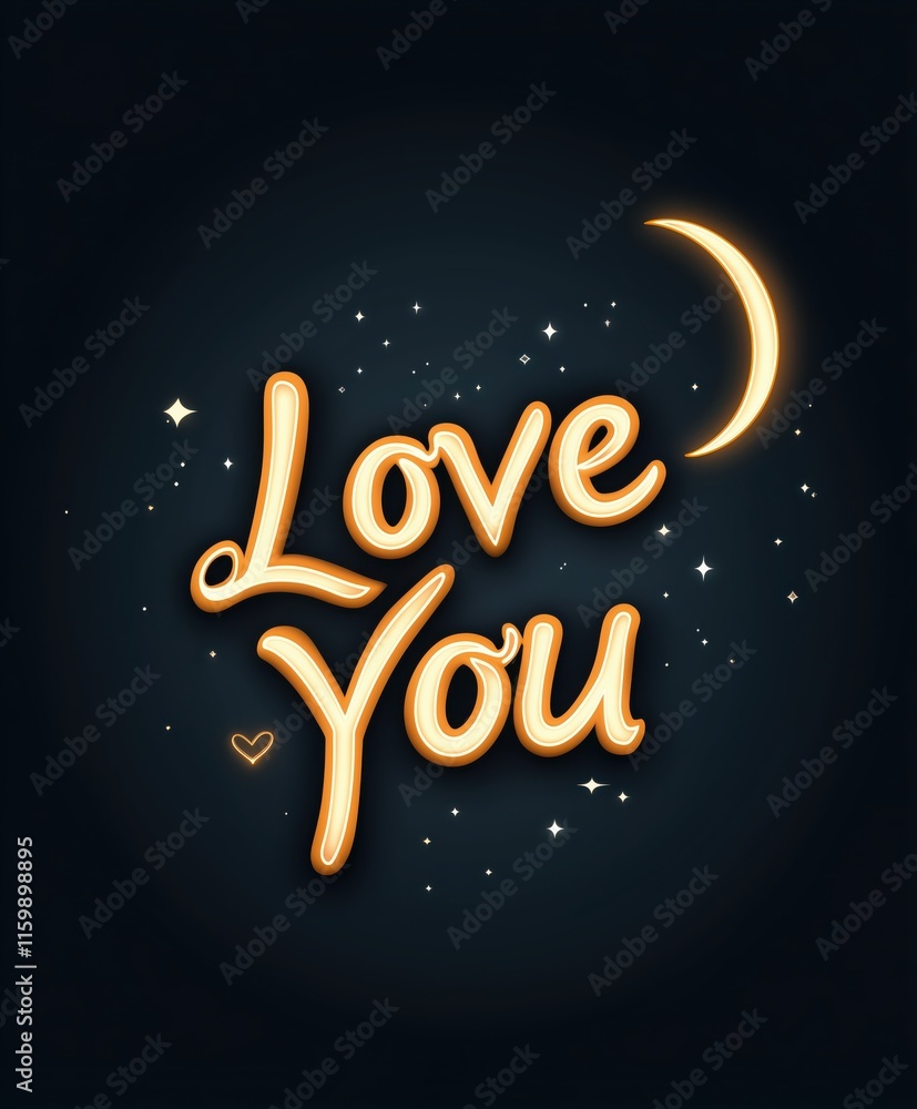 Illustration of glowing 'Love You' text with a crescent moon and sparkling stars on a dark background Illustration of glowing 'Love You' text with a crescent moon and sparkling stars on a dark background