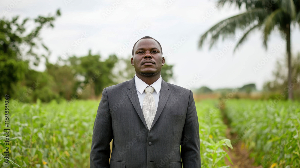 determined man in suit stands confidently in lush green field, embodying professionalism amidst nature beauty determined man in suit stands confidently in lush green field, embodying professionalism amidst nature beauty