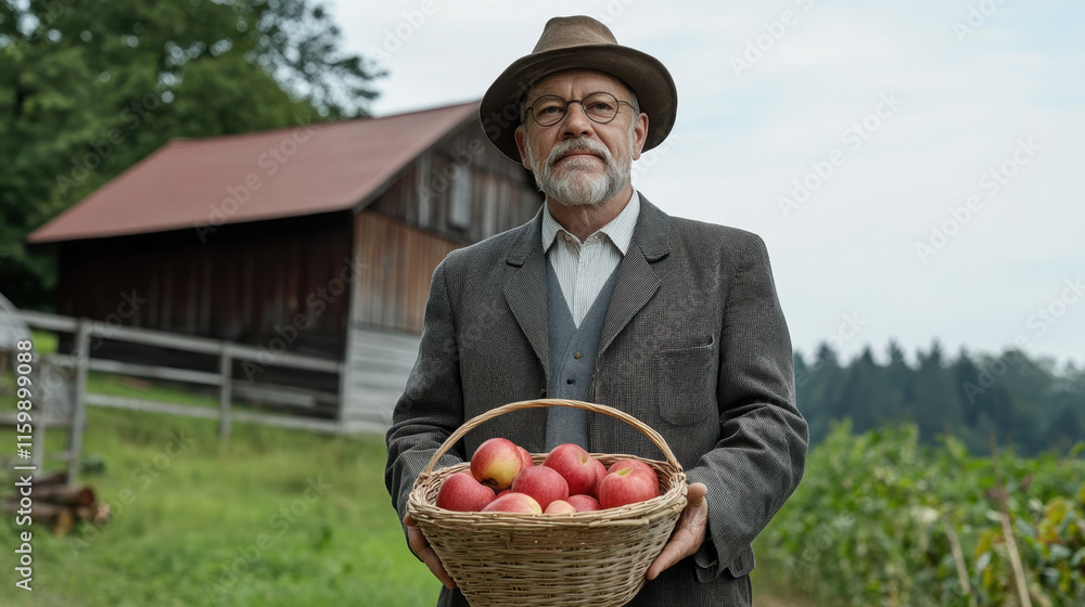 farmer in suit holds basket of fresh apples near rustic barn, showcasing connection to nature and tradition farmer in suit holds basket of fresh apples near rustic barn, showcasing connection to nature and tradition