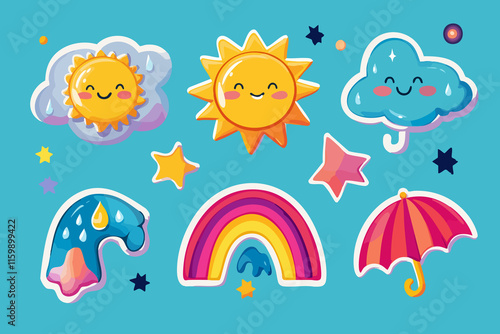 Weather-Themed Sticker Pack Featuring Sun, Clouds, Rainbow, and More in Colorful Vector Design